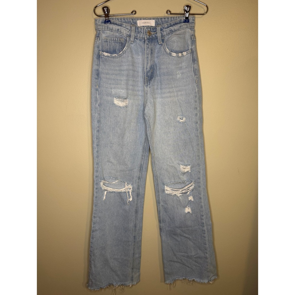 Vervet Blue High Rise Distressed Straight Leg Jeans Light Wash Raw Hem 25